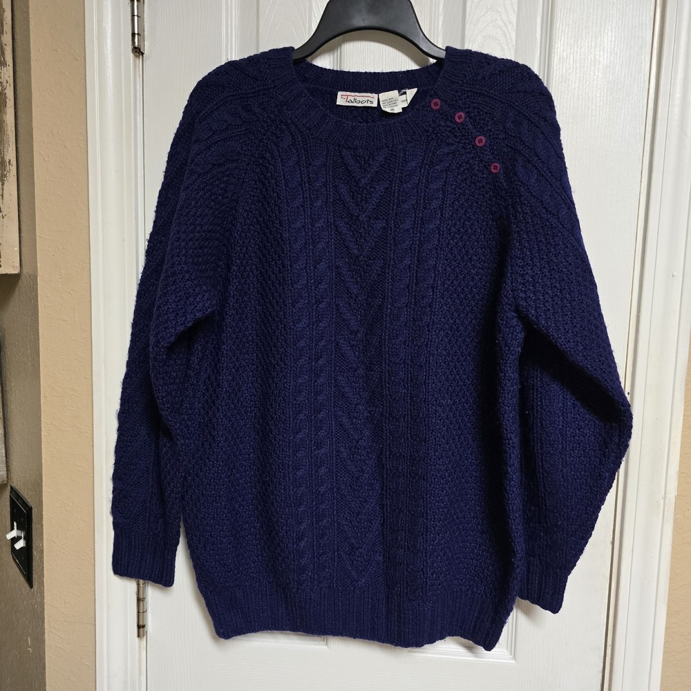 Vintage Talbots Wool Sweater Womens M Purple Cable Knit Handmade Button Preppy
